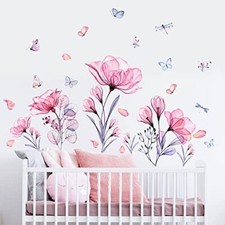 Wall Decals Removable Butterflies Floral Flowerl Wall Stickers Pink Flowers
