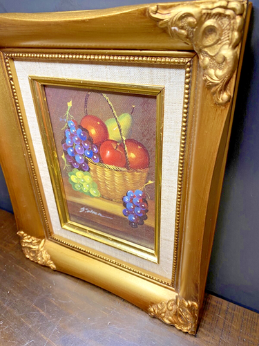 Vintage/Antique Oil Painting Fruit Still Life Fruit Basket -Signed Framed 11'x9" - Picture 5 of 9