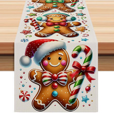 Gingerbread Man Merry Christmas Table Runner, Winter Xmas Holiday Kitchen Dining