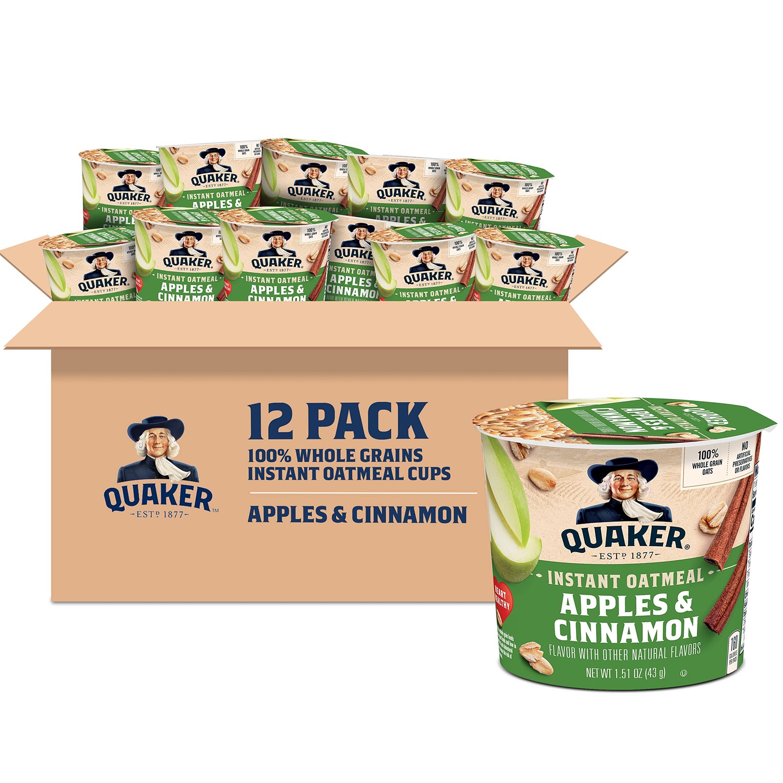 Quaker Instant Oatmeal Express Cups Apples & Cinnamon 1.51 Ounce Pack of 12