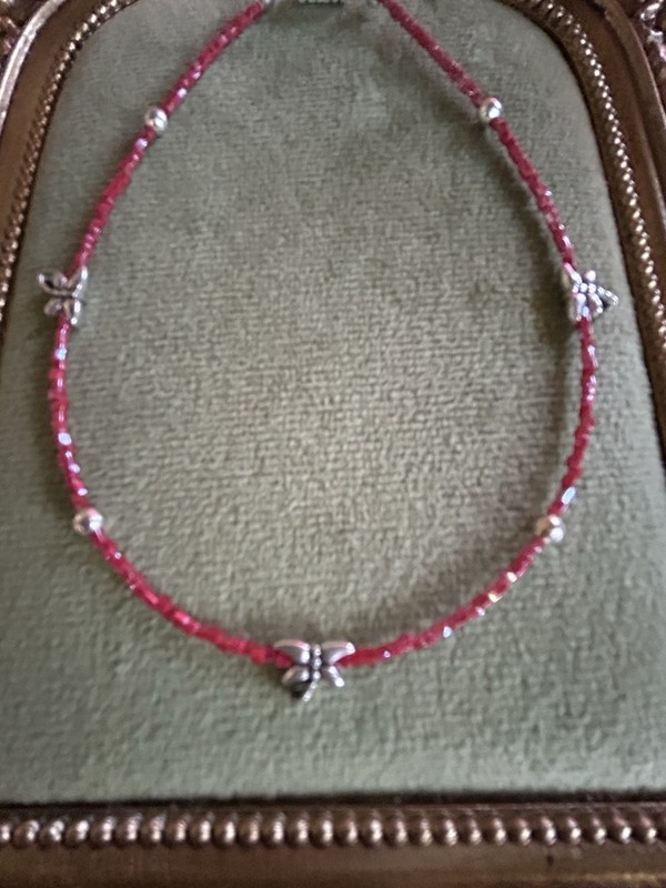 Red Glass Seed Beads Silver Tone Dragonflies Anklet Ankle Bracelet 10”