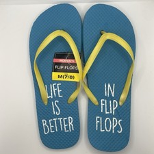 Life Is Better In Flip Flops Women's Flip Flop Sandal Medium 7/8 Blue Yellow NEW