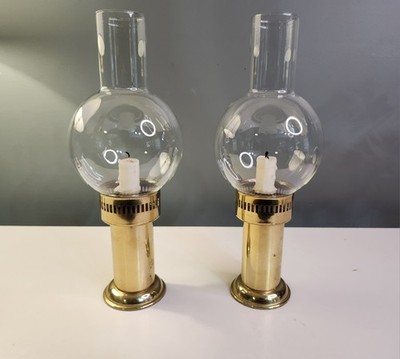 Pair Vintage Brass Glass Hurricane Candle Lamps Globe Chimney Farmhouse Decor
