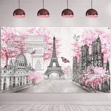 Paris Tapestry Backdrop Wall Art Eiffel 72.8 x 43.3 inches, Gray,Pink