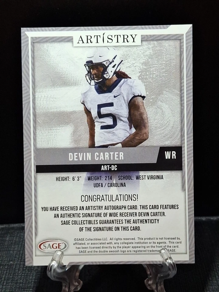 Devin Carter Blue Auto Sage Artistry West Virginia/Carolina Panthers #ART-DC - Image 2 of 4