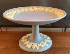 Wedgwood Blue Jasperware Pedestal Plate Compote Candy Dish Cake Stand Grapevine