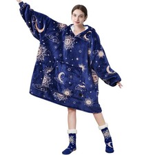 THREE POODLE Wearable Blanket Hoodie with Slipper Socks Adult, Deep Blue Star