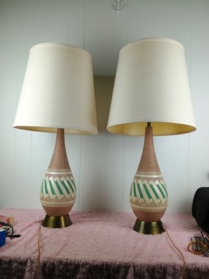 Pair Vintage MCM FAIP Chalkware Ceramic Brass Base Lamps MCM