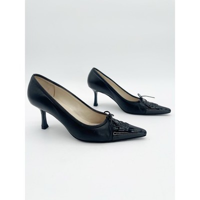 靴 Chanel Pumps Heel Leather Vintage Chanel Vintage Black Leather Patent Cap Toe CC Bow Pointed Toe