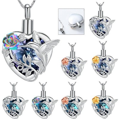 Rose Flower Hummingbird Stone Heart Necklace Urns for Ashes Holder Jewelry Gift