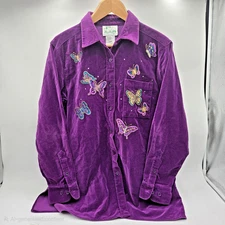 Quacker Factory Jacket Women M Purple Button Down Butterfly Embroidered Vtg