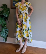 Faux Wrap Dress Yellow Lemons Hi-Lo Brunch Summer Fruit Mediterranean Citrus Mid