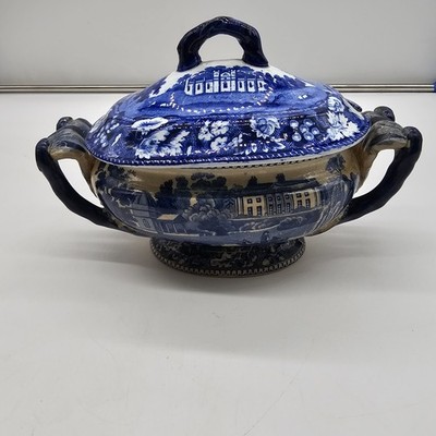 Gravy Tureen Historical Blue Staffordshire Fishing Scene Acorn Border Ca 1820