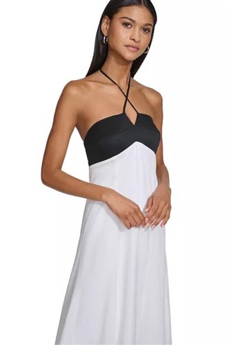 New White & Black Karl Lagerfeld Colorblocked Halter Lined Midi dress Size 6 - Picture 2 of 6