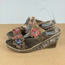Spring Step L'Artiste Deandrea Leather Floral Wedge Sandals Womens 9 EU 40 Brown