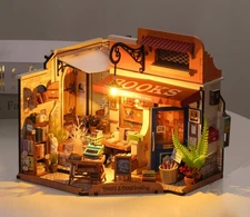 ROBOTIME DIY Miniature House Kit Corner Bookstore, Wooden Dollhouse Model Buildi