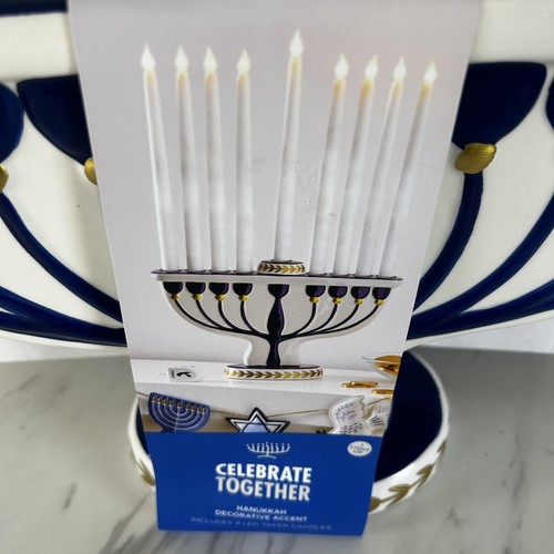 Chanukka Menora Kerzenhalter Keramik mit 9 LED Spitzkerzen blau creme gold - Bild 3 von 4