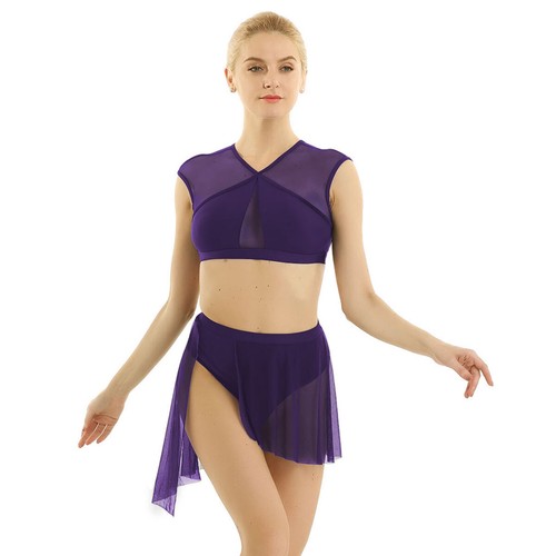 Womens Mesh Asymmetric Contemporary Lyrical Dance Crop Top Shorts Skirt Costume - Picture 43 of 62