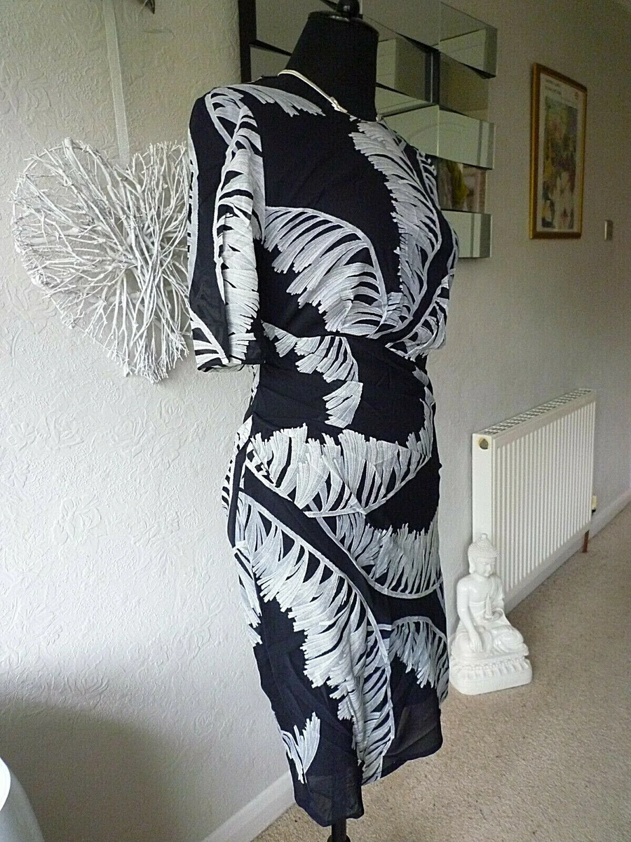 WHISTLES DARK NAVY BLUE PALM LEAF PRINT SILK DRESS SIZE 10