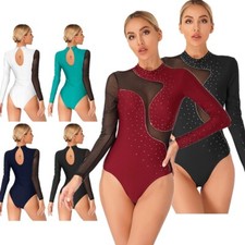 Womens Shiny Rhinestone Dance Leotard Long Sleeve Gymnastics,Bodysuit Dancewear