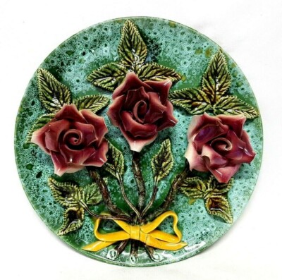 VINTAGE PORTUGUESE PALISSY 13.25'' ROSES FLOWERS MAJOLICA PLATE