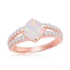 Silver Diamond-Shaped Opal CZ Open Band Ring - Rose Gold Plated