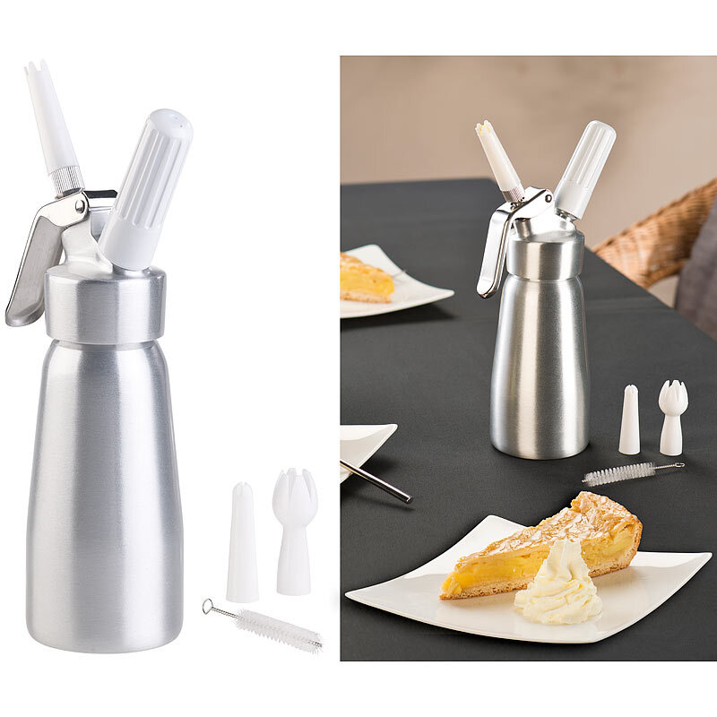 Sahnespender für Schlagsahne, Cremes und Soßen, 250 ml, 3 Aufsätze