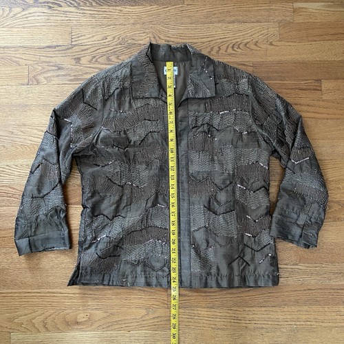 Chico’s Size 2 Medium Utility Jacket Green Metallic Beaded Embroidered Hook Eye - Picture 11 of 11