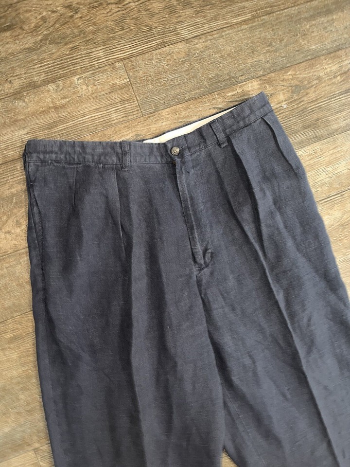 Vintage Polo Ralph Lauren Pants Mens 34x34 Navy Blue Linen Pleated