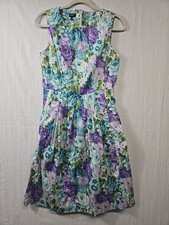 Talbots Garden Party Dress Women's 8P Floral Pleated Fit Flare Sleeveless Lined