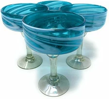 Mexican Hand Blown Glass – Set of 4 Hand Blown Margarita Glasses Aqua Swirl...