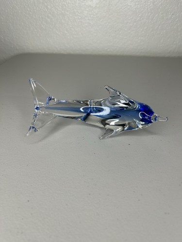 Hand Blown Glass Dolphin Unmarked Paperweight Decor Clear & Cobalt Blue - Picture 5 of 14
