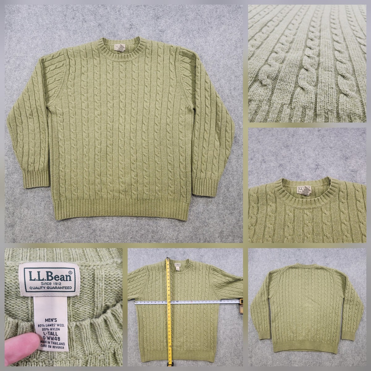 L.L.Bean Sweater Mens LT Large Tall Green Cable Knit Lambswool 