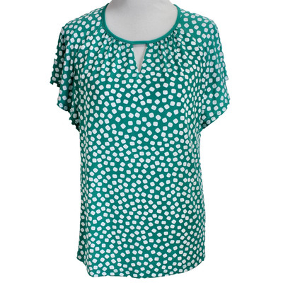 Susan Graver Top Womens Size M Turquoise White Print Short Sleeve Liquid Knit