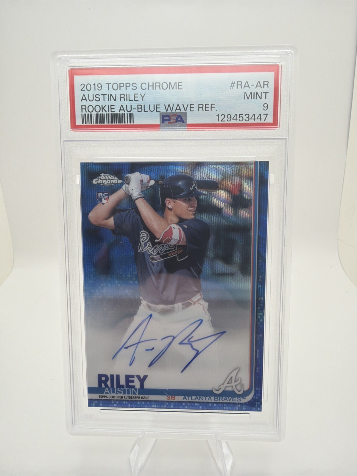 2019 Topps Chrome - Rookie Auto Austin Riley #RA-AR Blue Wave Ref /150 (AU, RC)