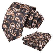 Mens Colorful Paisley Necktie and Pocket Square Sets 144-black khaki
