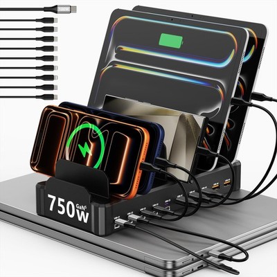 750W Charging Station for Multiple Devices, Zobirez 10-Port Fast Charger, 5 U...