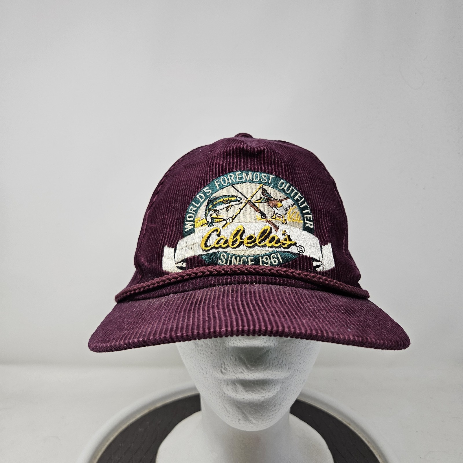 Vintage Cabelas Hat Cap Snap Back Maroon Corduroy Embroidered Outdoors Mens 90s