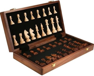 15'' Folding Walnut Chess Set with Storage - Tournament-Size Portable Chess Board