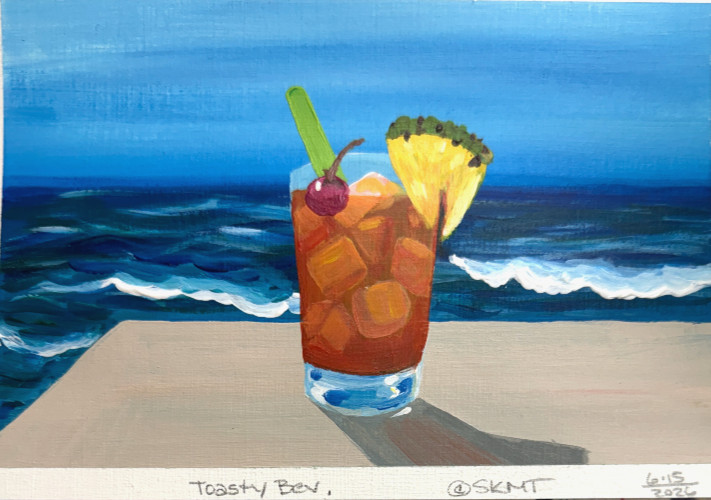 Chill At the Beach with a Drink. Orginal art painting beach vibe 9x6 inches