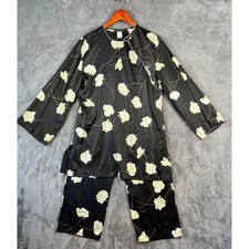 Vintage Natori Pajama Set Womens Small Black Satin Floral Asian Luxe Lounge 
