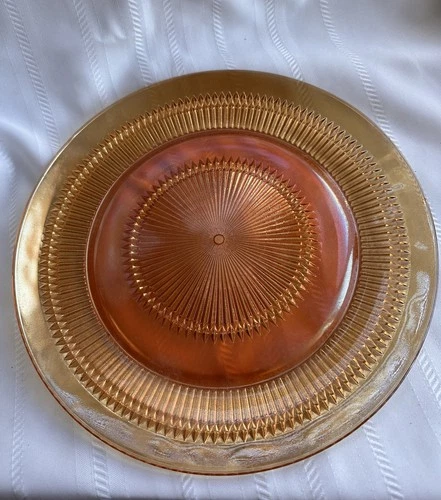 Jeanette Glass Marigold Iridescent Anniversary Platter Carnival Diamond Cut