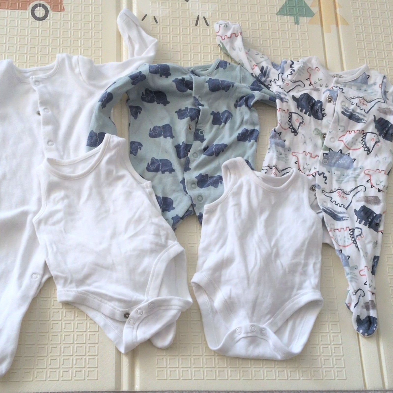 F&F 0-3M 5pc Cotton Jersey Dinosaur Babygrow & Bodysuit Set Blue/White