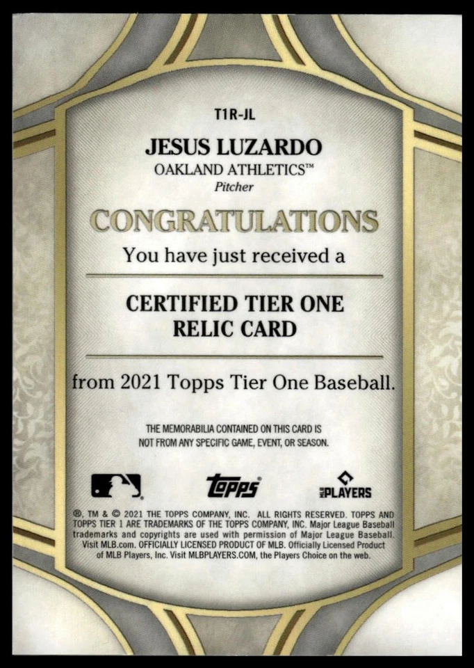 2021 Topps Tier One - Tier One Relics #T1R-JL Jesus Luzardo #/399 - Image 2 of 2