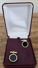 Vintage Nordstrom Black Onyx  Etched Gold Tone Metal Cuff Links W/Box-NOS