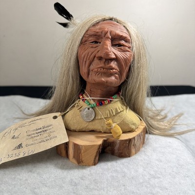 Handmade Native American Comanche Elder Sculpture Figurine Wood Base Signed Art