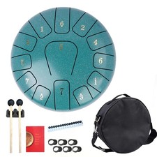 10 Inch Steel Tongue Drum with Carry Bag Mallets Music Book Green 13-Note