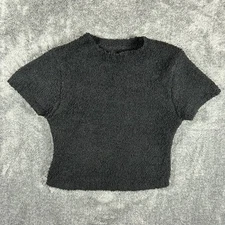 Skimz Top Womens Small Black Cozy Knit Fitted T Shirt Fuzzy Short Sleeve Cropped
