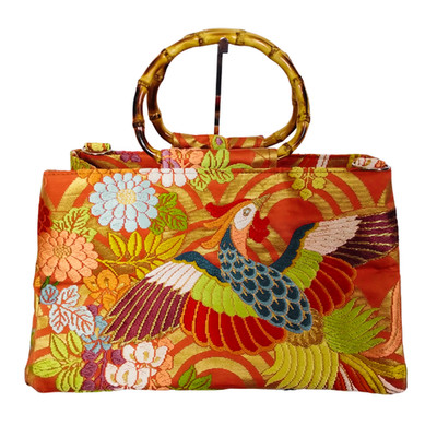 Upcycled Japanese Obi Bag Phoenix Pattern Vintage Kimono Ring Handle
