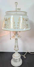 Vtg. Toleware Table Lamp White & Gold Primitive French Country Double Light 